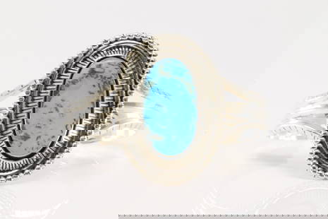 Native America Navajo Sterling Silver Turquoise Bracelet Cuff By R.B.: This is a Native America Navajo Sterling Silver Turquoise Bracelet Cuff By R.B. Total weight: 51.50 Grams.