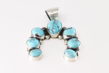 Native America Navajo Sterling Silver Kingman Turquoise Pendant By Augustine Largo.