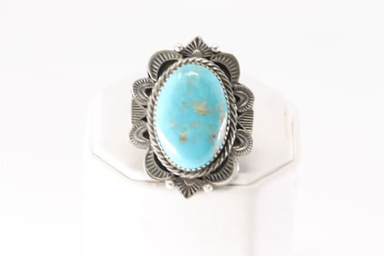 Native America Navajo Sterling Silver Kingman Turquoise Ring By T.L.