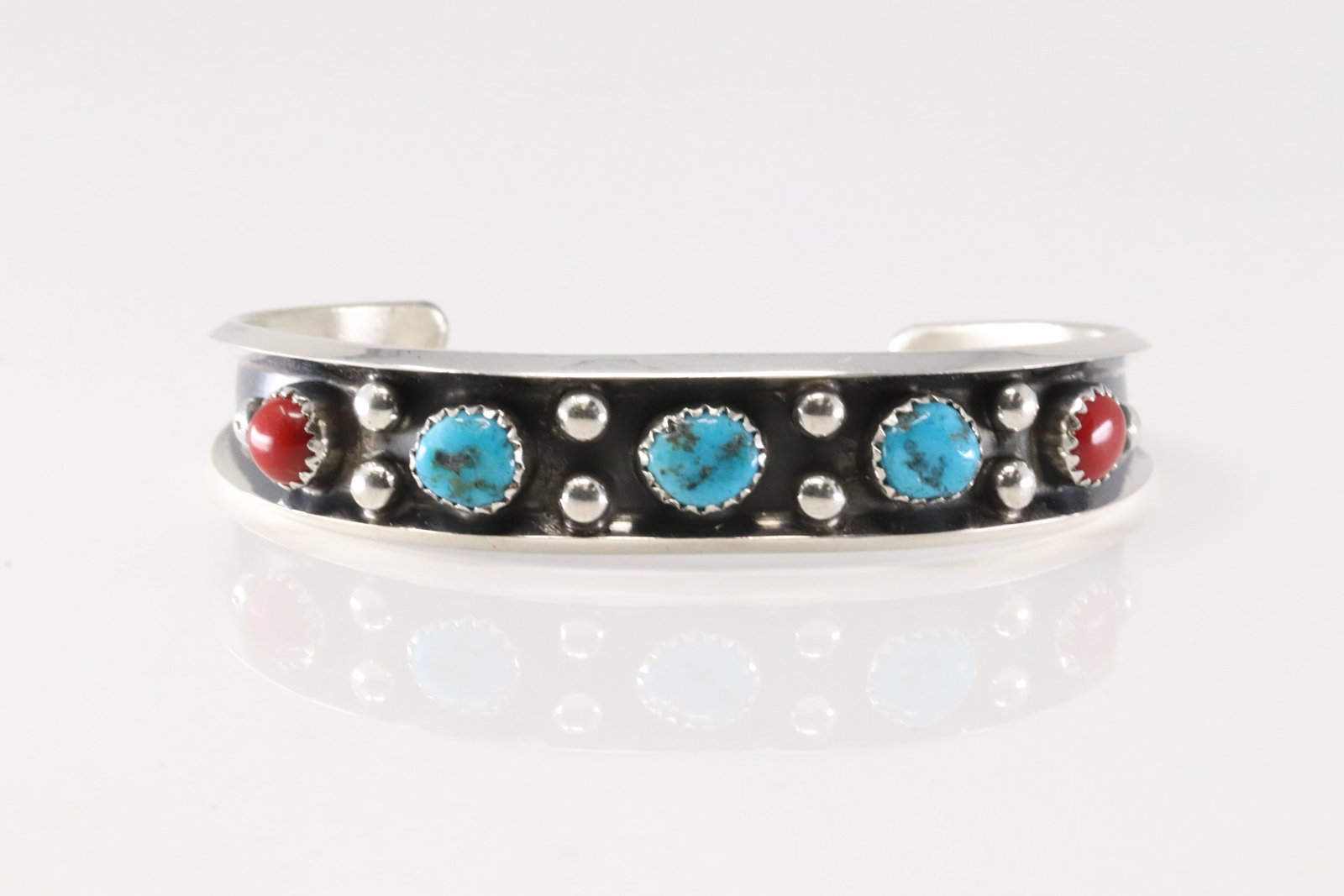 Native America Navajo Sterling Silver Coral & Turquoise Bracelet Cuff By Paul Largo.: This is a Native America Navajo Sterling Silver Coral & Turquoise Bracelet Cuff By Paul Largo.