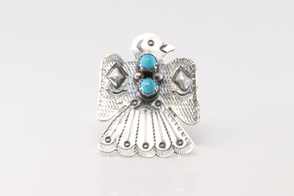 Native America Navajo Sterling Silver Turquoise Thunderbird Ring By L.Yazzie.
