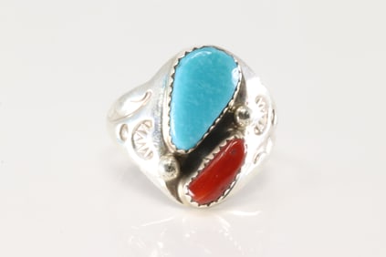 Native America Zuni Sterling Silver Coral & Turquoise Ring By M.L.