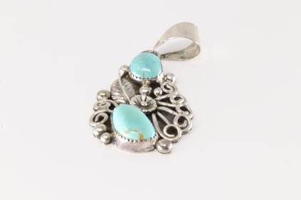 Native America Navajo Sterling Silver Turquoise Pendant By K.