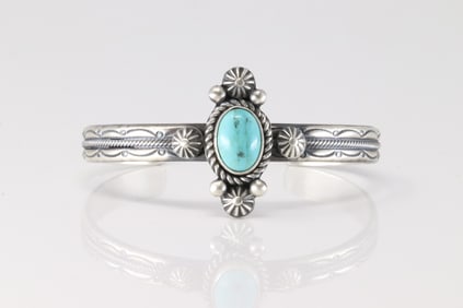 Native America Navajo Sterling Silver Kingman Turquoise Bracelet Cuff By MC.