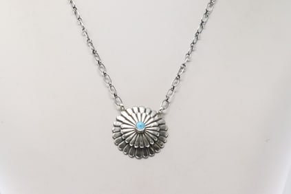Native America Navajo Sterling Silver Turquoise Neckalce By Sheldon Mariano.