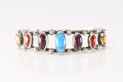 Native America Navajo Sterling Silver Spiny Oyster & Turquoise Bracelet Cuff By Y.A.