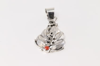 Native America Navajo Sterling Silver Coral Leaf Pendant By Darrell Morgan.