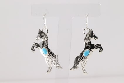 Native America Navajo Sterling Silver Turquoise Horse Dangling Earring's By Louise Yazzie.
