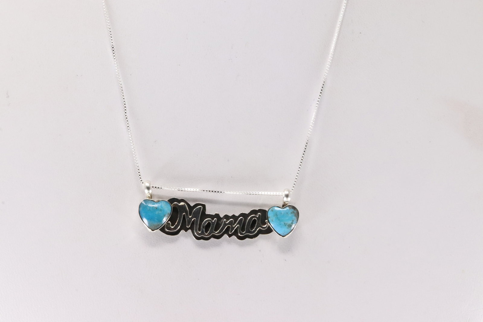 Native America Navajo Sterling Silver Turquoise Heart Script Mama Necklace By Myra Benally.: This is a Native America Navajo Sterling Silver Turquoise Heart Script Mama Necklace By Myra Benally. Necklace length: 16.00"