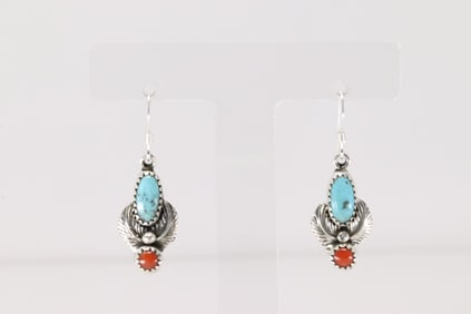 Native America Navajo Sterling Silver Coral & Turquoise Dangling Earring's By Robert Martinez.