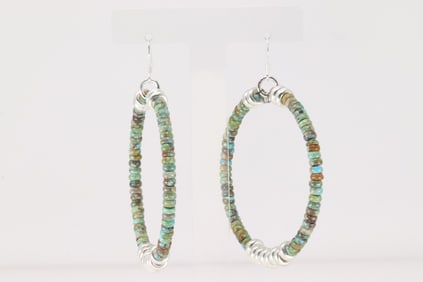 Native America Navajo Sterling Silver Pearl Beaded / Turquoise Hoop Dangling Earring's.