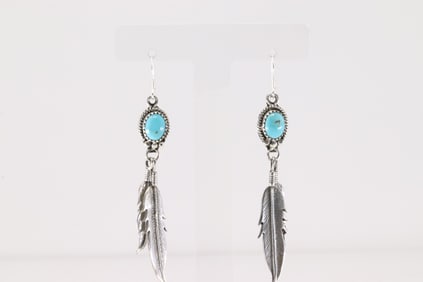 Native America Navajo Sterling Silver Turquoise Feather Dangling Earring's By Rita Largo.
