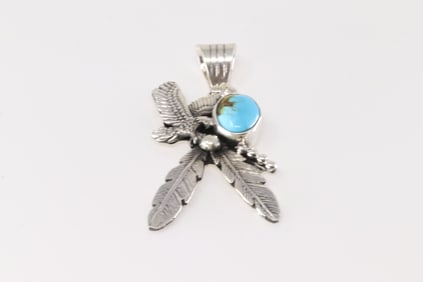 Native America Navajo Sterling Silver Turquoise Eagle / Feather Pendant By Genevieve Francisco.