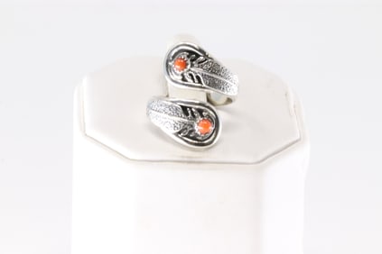 Native America Navajo Sterling Silver Coral Ring By Genevieve Francisco.