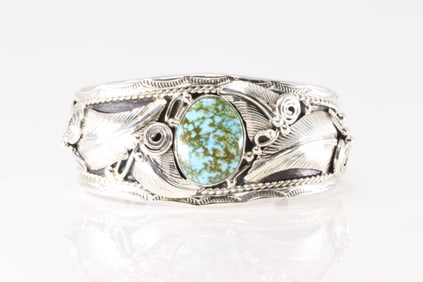 Native America Navajo Sterling Silver Turquoise Cuff Bracelet By Darnel Morgan.
