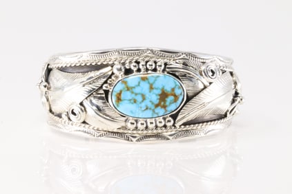 Native America Navajo Sterling Silver Turquoise Cuff Bracelet By Pamel Morgan.