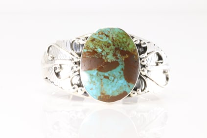 Native America Navajo Sterling Silver Turquoise Leaf Cuff Bracelet By Gilbert Smith.