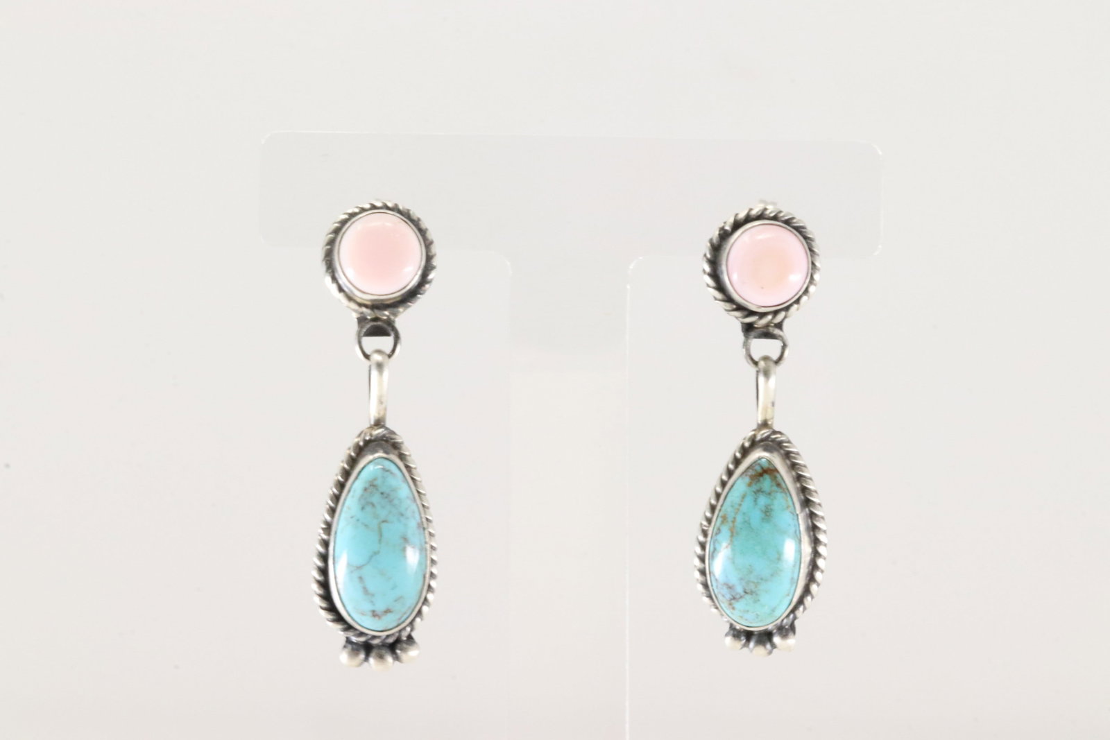 Native America Navajo Sterling Silver Pink Conch Shell & Kingman Turquoise Post / Dangling Earring's: This is a Native America Navajo Sterling Silver Pink Conch Shell & Kingman Turquoise Post / Dangling Earring's By Judith Dixon.