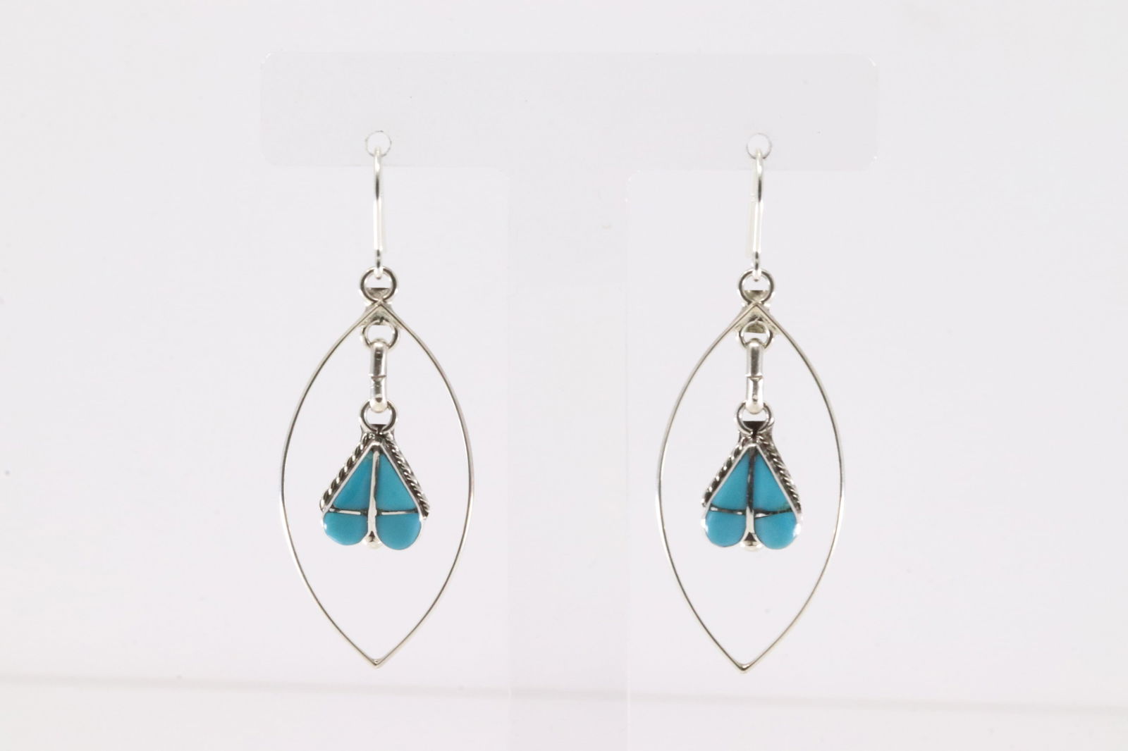 Native America Zuni Sterling Silver Turquoise Heart Inlay Dangling Earring's By Velda Nastacio. (1 of 4)