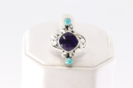Native America Navajo Sterling Silver Purple Amethyts & Turquoise Ring By Mike Smith.