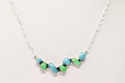 Native America Navajo Sterling Silver Turquoise Necklace By David Lopez.