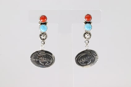 Native America Navajo Sterling Silver Coral & Turquoise Post Dangling Earring's By Annette Martinez.