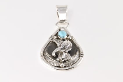 Native America Navajo Sterling Silver Turquoise Eagle Pendant By Darrell Morgan.