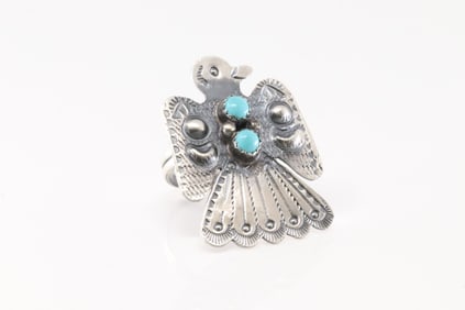 Native America Navajo Sterling Silver Turquoise Thunderbird Ring By T.Yazzie.
