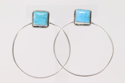 Native America Navajo Sterling Silver Kingman Turquoise Hoop Post Earring's By Elouise Kee.