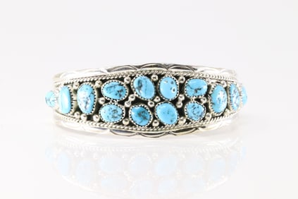 Native America Navajo Sterling Silver Turquoise Bracelet Cuff By Anita Whitegoat.