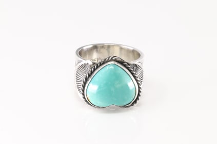 Native America Navajo Sterling Silver Kingman Turquoise Heart Ring By Sunshine Reeves.