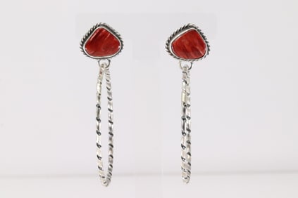 Native America Navajo Sterling Silver Spiny Osyter Hoop Post / Dangling Earring's By Elouise Kee.