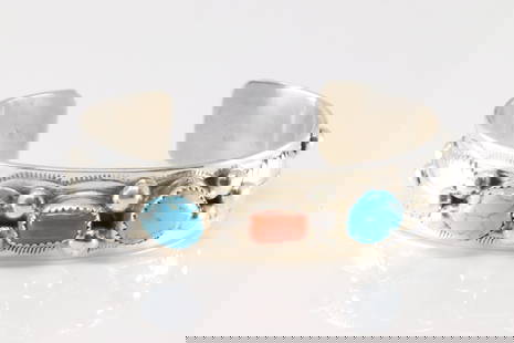Native America Navajo Sterling Silver Coral & Turquoise Bracelet Cuff By Welbert Meyers.: This is a Native America Navajo Sterling Silver Coral & Turquoise Bracelet Cuff By Welbert Meyers.