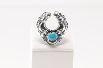 Native America Navajo Sterling Silver Turquoise Naja Ring By T.Yazzie.