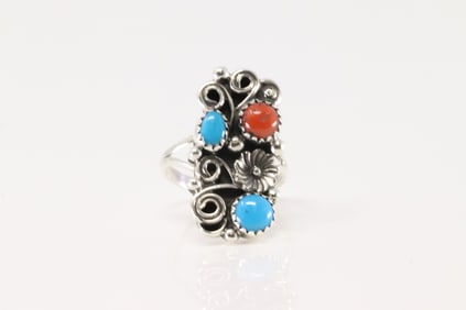 Native America Navajo Sterling Silver Coral & Turquoise Ring By Calvin Belin.
