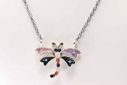Native America Zuni Sterling Silver Multicolor Stone Dragonfly Necklace By Tamara Pinto.