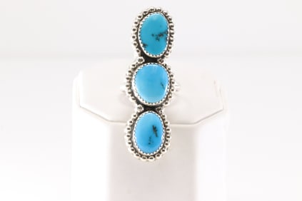 Native America Navajo Sterling Silver Kingman Turquoise Ring 3 Stone.