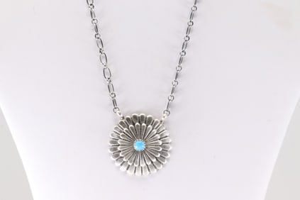 Native America Navajo Sterling Silver Turquoise Necklace By Sheldon Mariano.