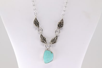 Native America Navajo Sterling Silver Turquoise Necklace By Verley Betone.