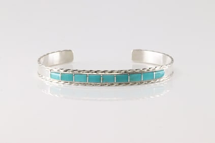 Native America Navajo Sterling Silver Turquoise Inlay Bracelet Cuff By J.P.