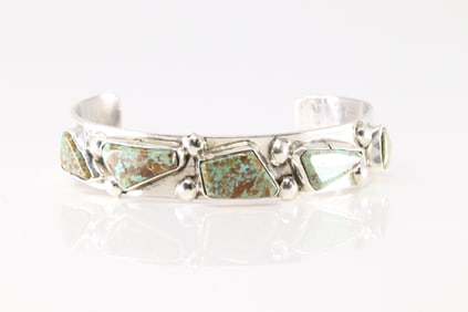 Native America Zuni Sterling Silver Kingman Turquoise Bracelet Cuff By Jude Candelaria.