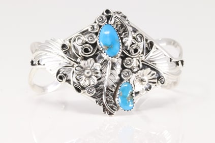 Native America Navajo Sterling Silver Turquoise Bracelet Floral Cuff By Harry B.Yazzie.