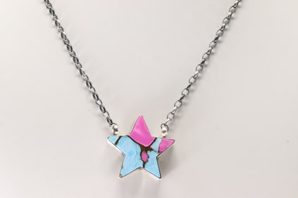 Native America Navajo Sterling Silver Cotton Candy Star Necklace By Johnny Dixon.