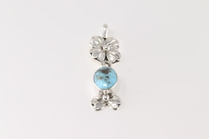 Native America Navajo Sterling Silver Turquoise Pendant By Evelyn Bahe.
