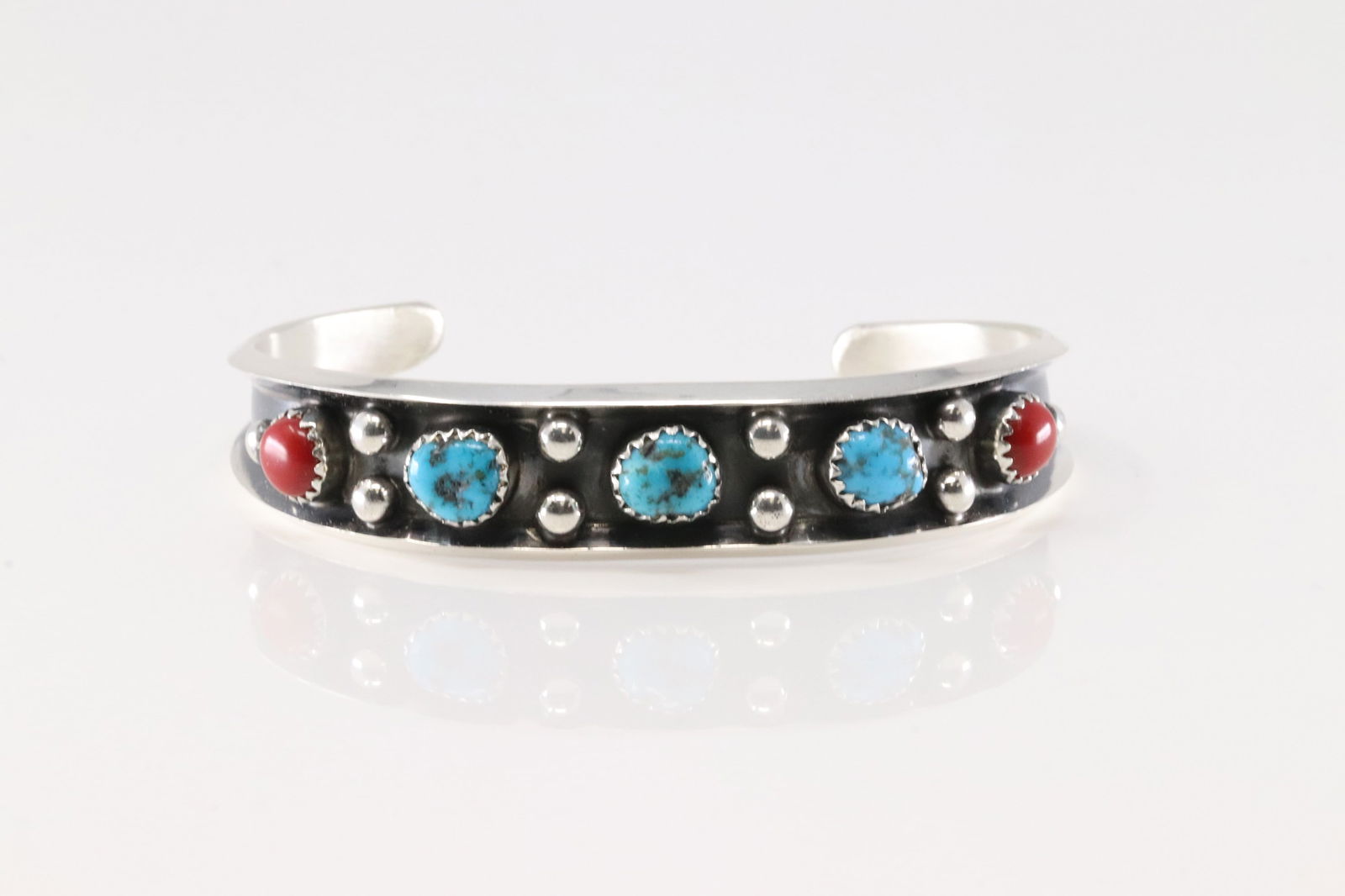 Native America Navajo Sterling Silver Coral & Turquoise Bracelet Cuff By Paul Largo.: This is a Native America Navajo Sterling Silver Coral & Turquoise Bracelet Cuff By Paul Largo.
