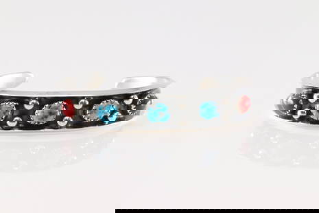 Native America Navajo Sterling Silver Coral & Turquoise Bracelet Cuff By Paul Largo.: This is a Native America Navajo Sterling Silver Coral & Turquoise Bracelet Cuff By Paul Largo.