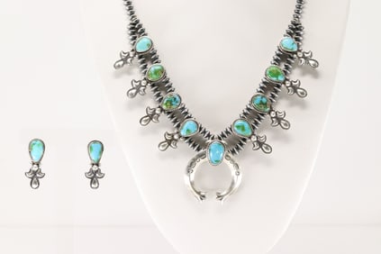 Native America Navajo Sterling Silver Sonora Gold Turquoise Necklace & Earring's Set By Adrienne G.