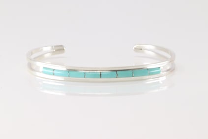 Native America Navajo Sterling Silver Turquoise Inlay Bracelet Cuff By A.L.W.