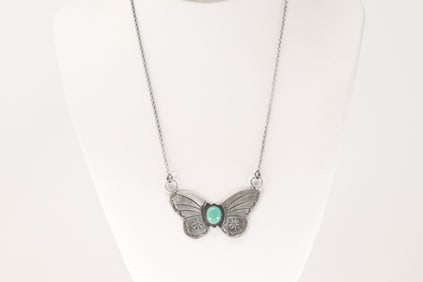 Native America Navajo Sterling Silver Kingman Turquoise Butterfly Neckalce By Rick Enriquez.