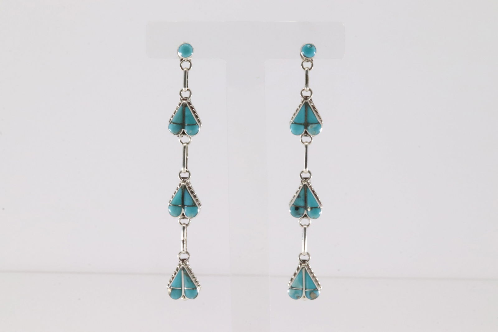 Native America Zuni Sterling Silver Kingman Turquoise Heart Inlay Post / Dangling Earring's By Velda (1 of 4)